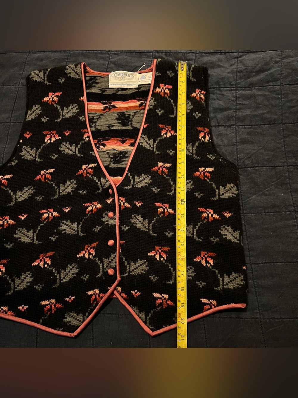 Vtg 80s Susan Bristol 100% Pure Wool Pin Black Floral Cottagecore Vest Size Med - Picture 5 of 7